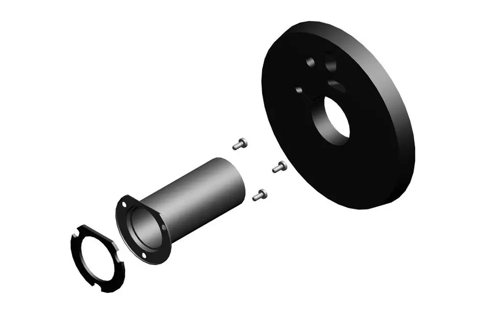 Montiertes Komponenten-Set mit einem runden Plattenelement, einem zylindrischen Rohr und Befestigungselementen, möglicherweise für Bosch-Gasgeräte konzipiert.